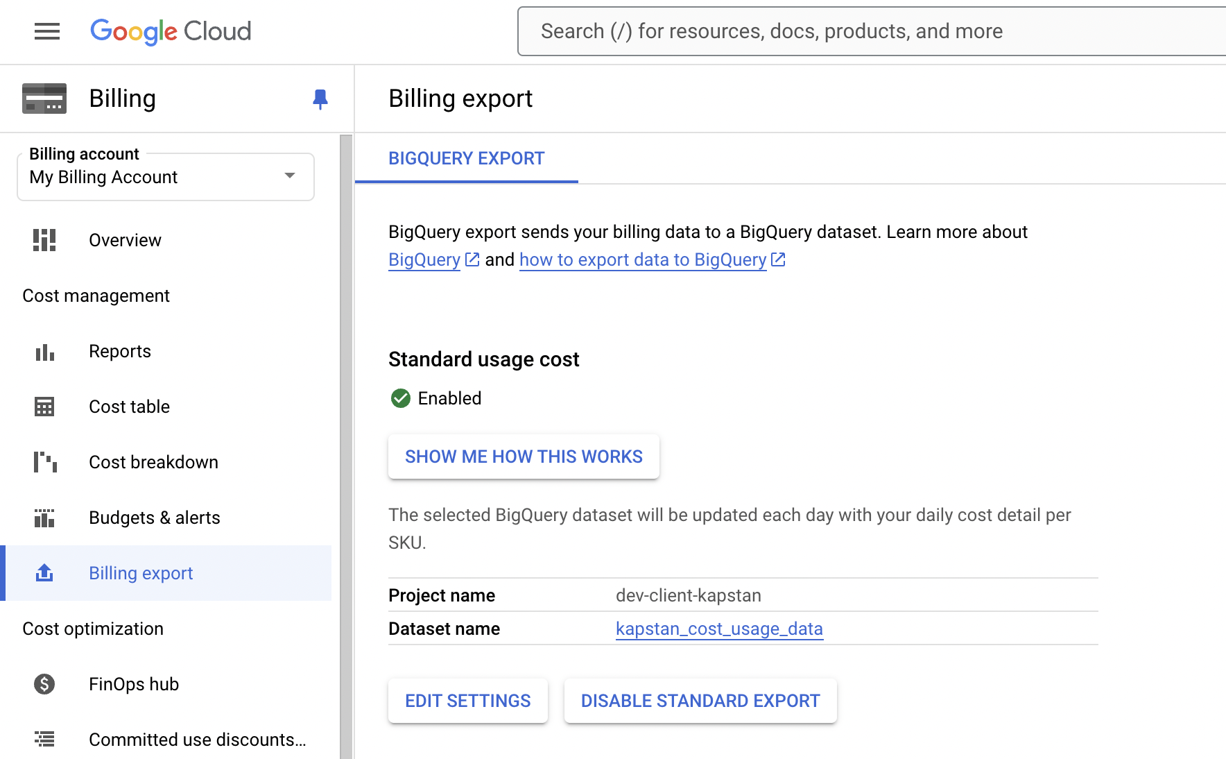 Cloud billing export enabled