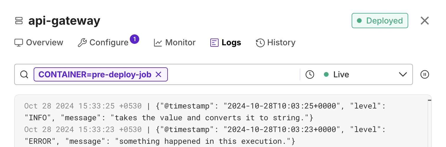 Live Logs Contaienr Filter