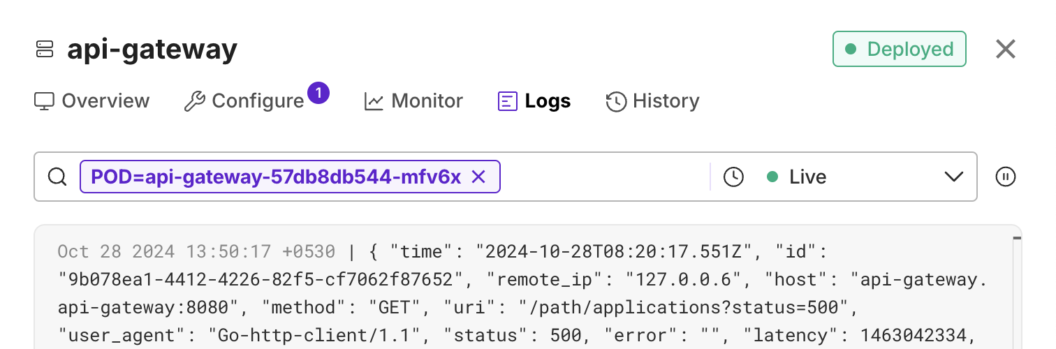 Live Logs Pod Filter